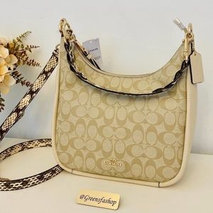 COACH Jules Hobo Pebble & Snake-Embossed Leather Bag Light Khaki/Ivory C9191